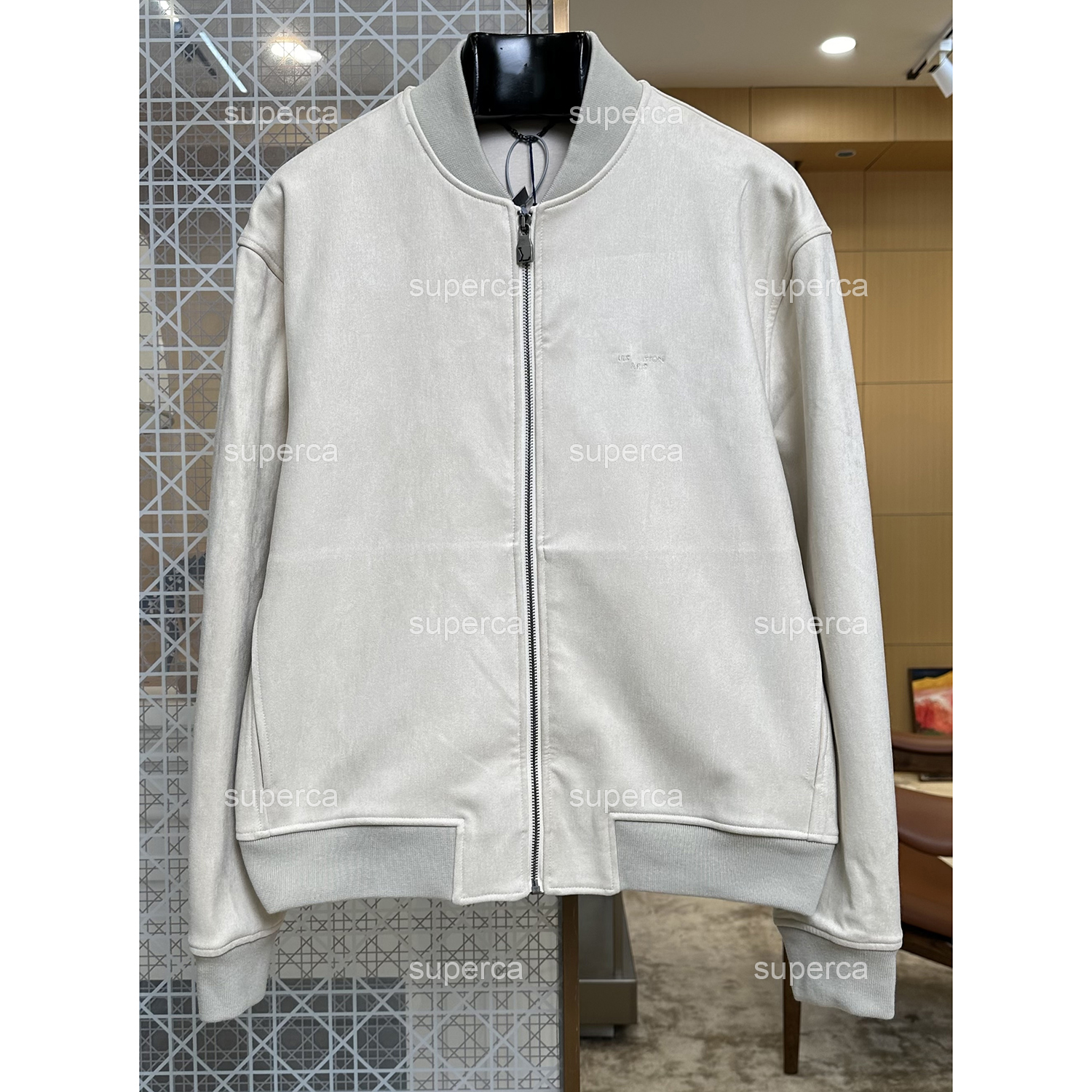 Luxury Designer Unisex Baseball Collar Jacket, White Suede Cotton Zip Up Loose Drop Shoulder Coat Jackets