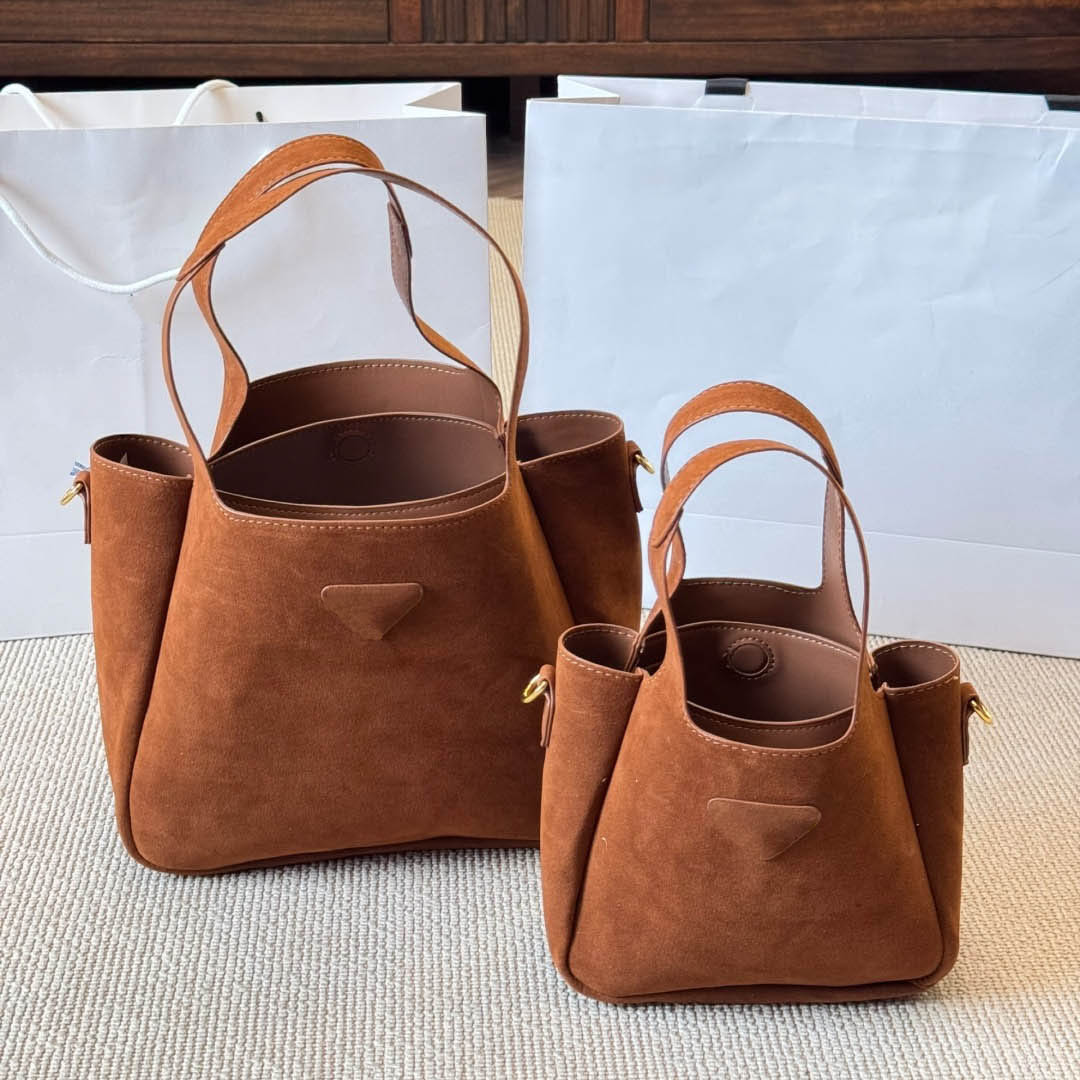 Designer Luxury Bucket Bag Women's Suede Genuine Leather Top Handle Tote Purse With Side Pockets And Strap For Daily