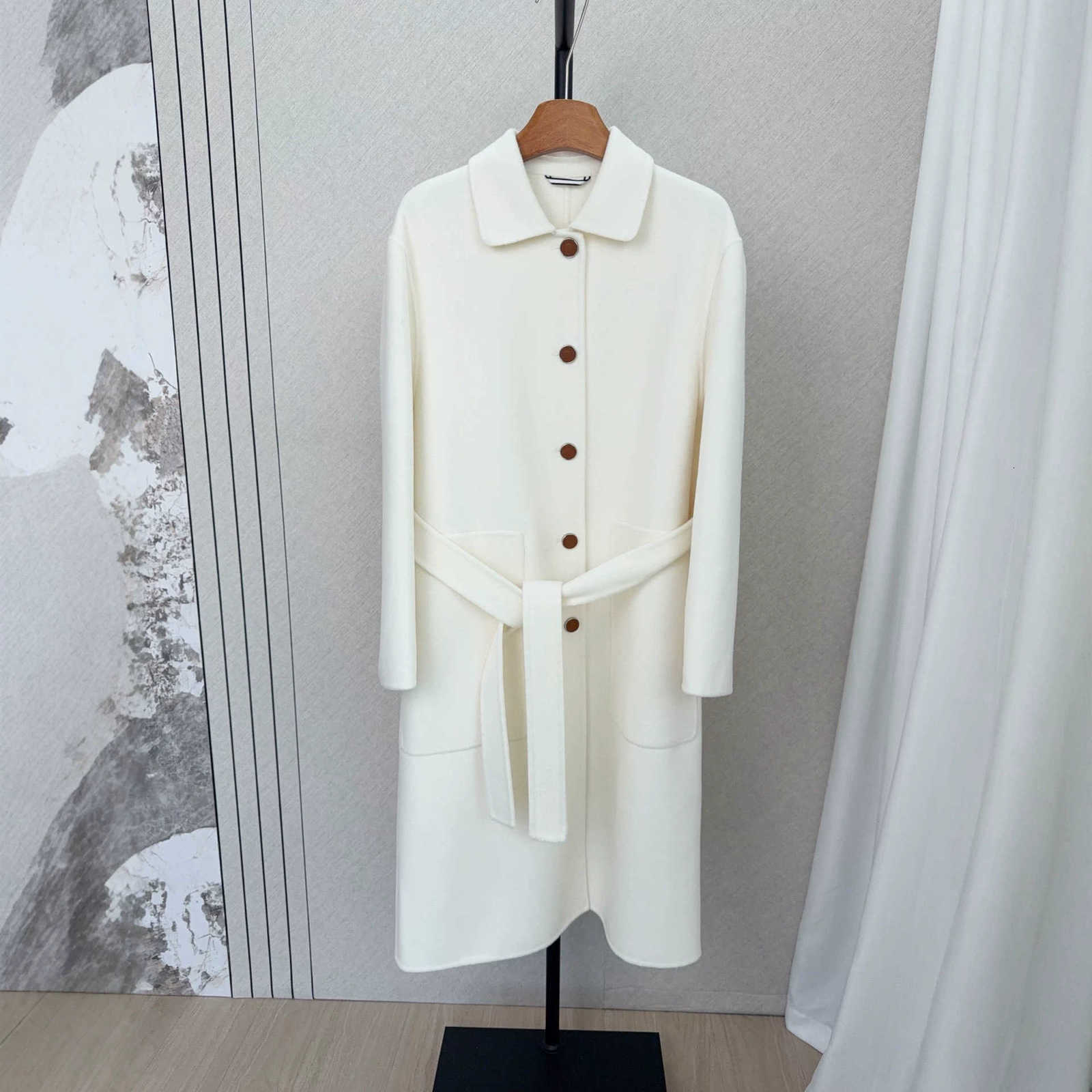 designer Women's Wool & Blends Autumn H-brand matching leather-button cashmere coat with a lapel, Korean-style versatile wool coat for women