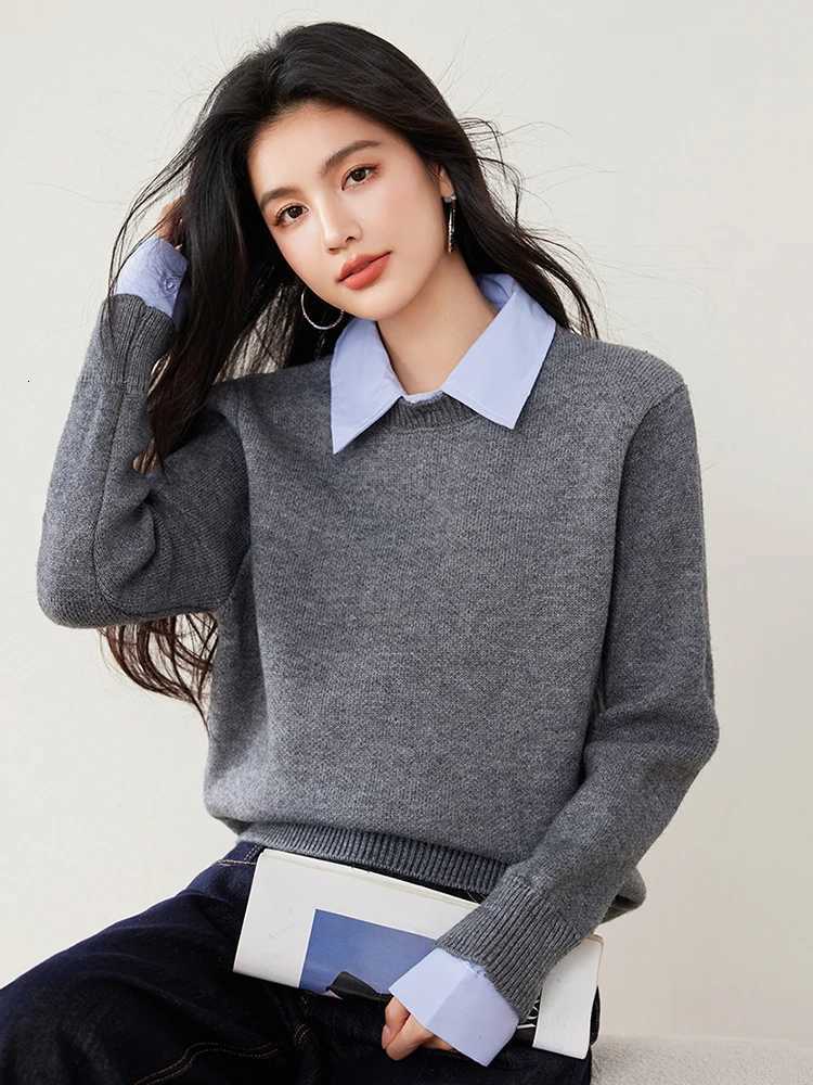 Women's Sweaters Fashion Simplicity Women Sweaters Autumn New Fake Two Pieces Shirts Patchwork Sweater Casual Long Sleeve Knitted Tops H260923