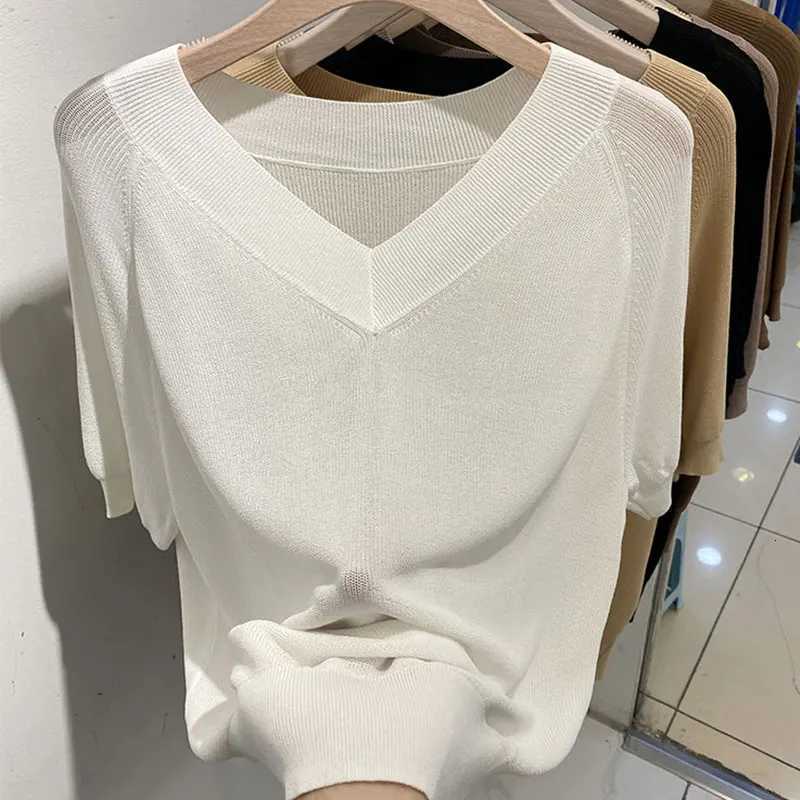 Women's Sweaters Sueters De Mujer Knitted Sweater Women Pullovers White V-Neck Knit Sweater Pullover Women Tops New Short Sleeve Sweaters Q2447