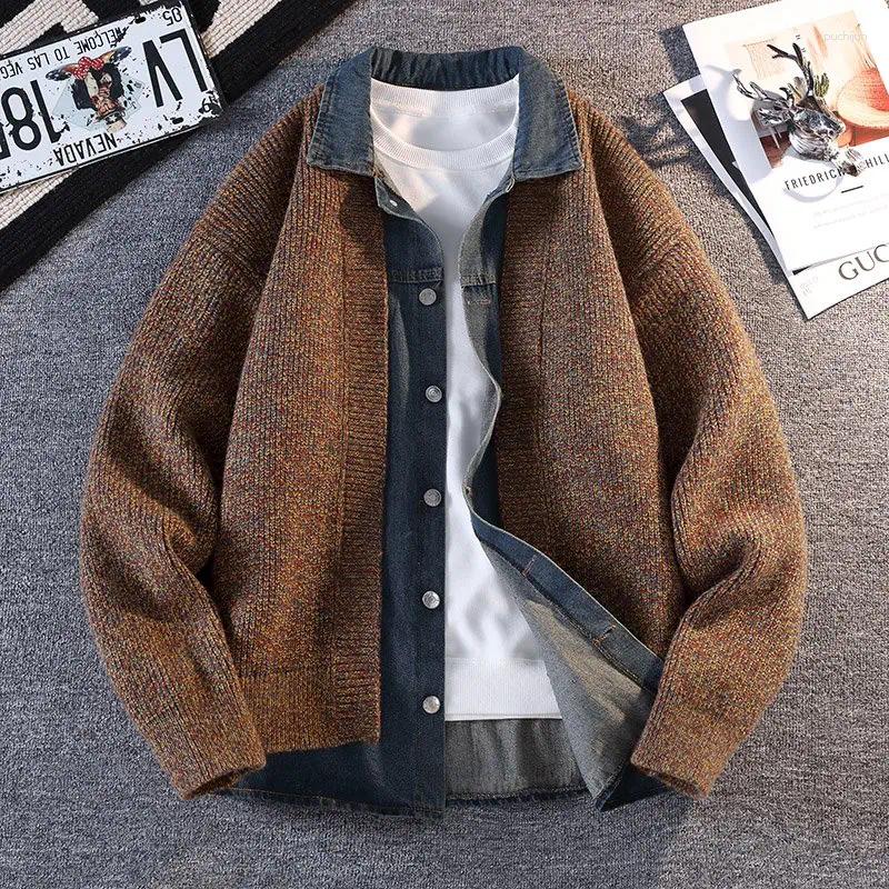 Men Denim Spliced Knit Cardigan Sweaters Loose Fake Two Piece Autumn Winter Lapel Thick Warm