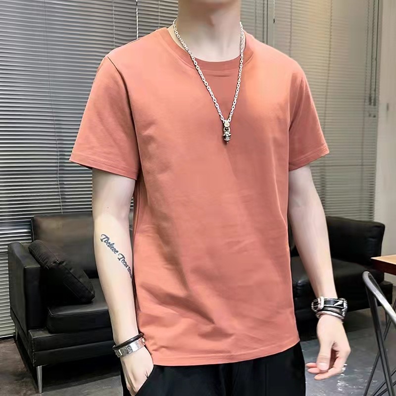 New stylish red cotton men's short-sleeve T-shirt, summer solid color, simple and versatile, round neck, slim fit, trendy basic top