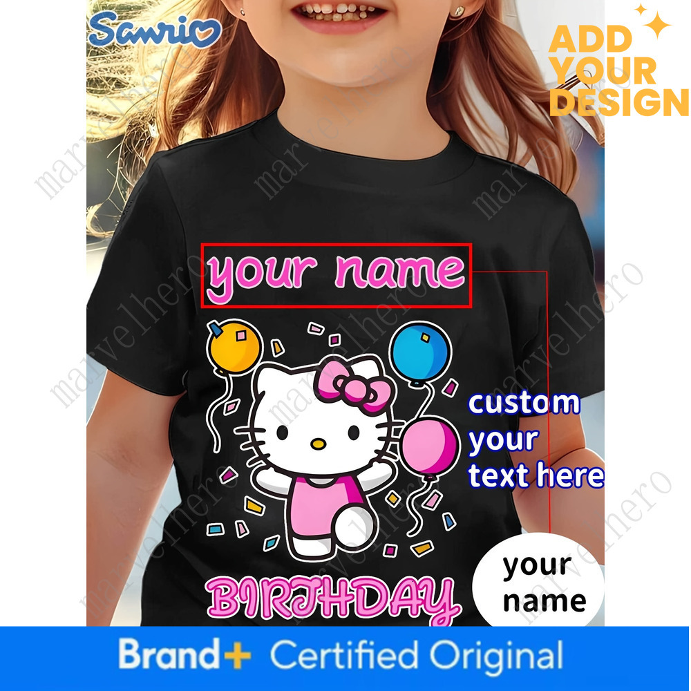 Hello Kitty Personalized Name Birthday T Shirt Cartoon Youngsters Beach Vacation Clothes Summer Wear Tops Breathable Soft Casual Short Sleeved Top B