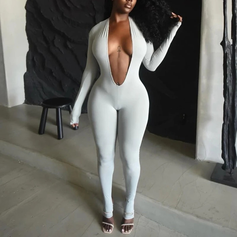 Fashionable Deep V Neck Long Sleeve Jumpsuit Rompers Women Tight Black Backless Summer Jumpsuit Sexy Clothes Women Summer 260922