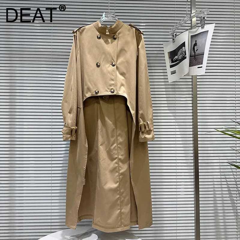 DEAT Trendy 2026 Autumn New British Style Double-Breasted Long Front Short Back Trench Coat For Women Windbreaker 11B9402 M260922