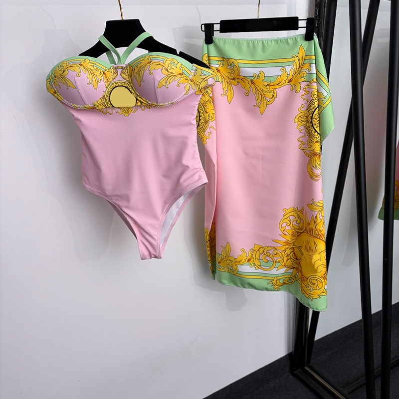 Maillot de bain rétro baroque imprimé de luxe pour femmes, coupe sexy, col licou, avec jupe de couverture, fête d'été à la piscine, vacances, bik