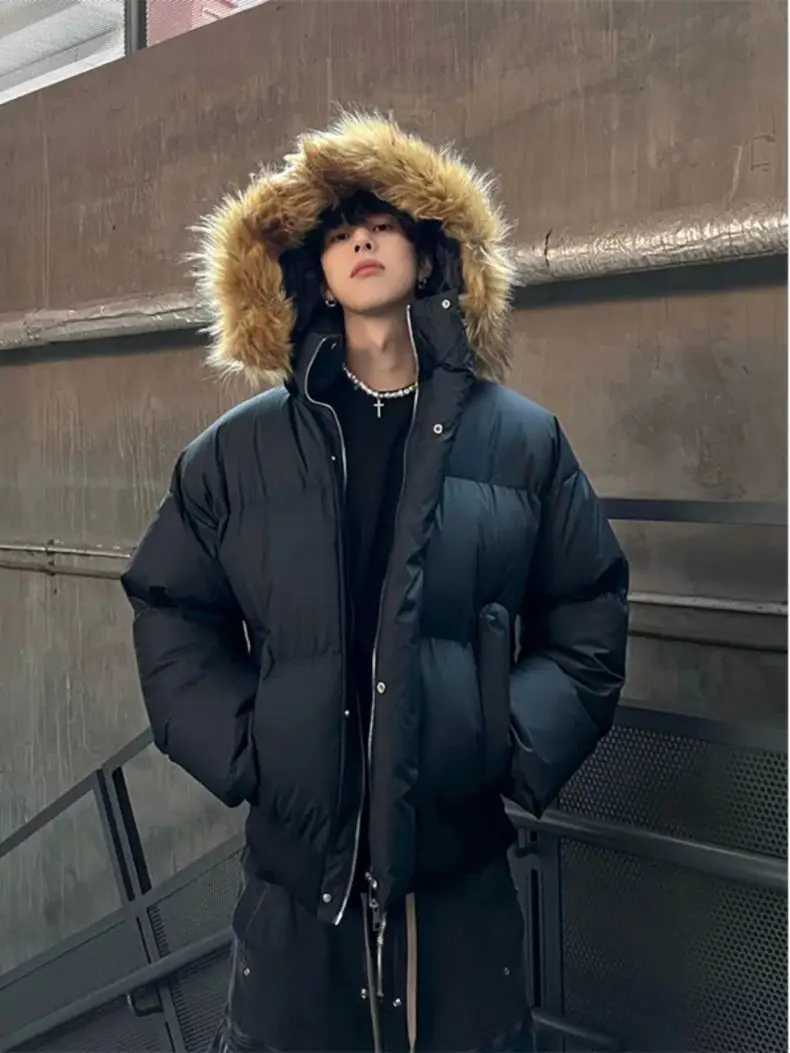 Fur Parkas Men's Collar Down Hooded Men Coats Winter American High-Street Puffer Retro Jackets Warm Thickened Loose Outerwear Punk Emo Subcultu
