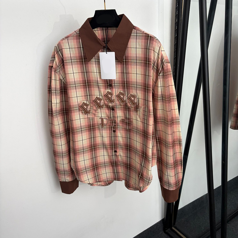 Retro Plaid Shirts Women Chic Embroidery Polo Long Sleeve Blouses Fall Street Versatile Button Shirts for Women