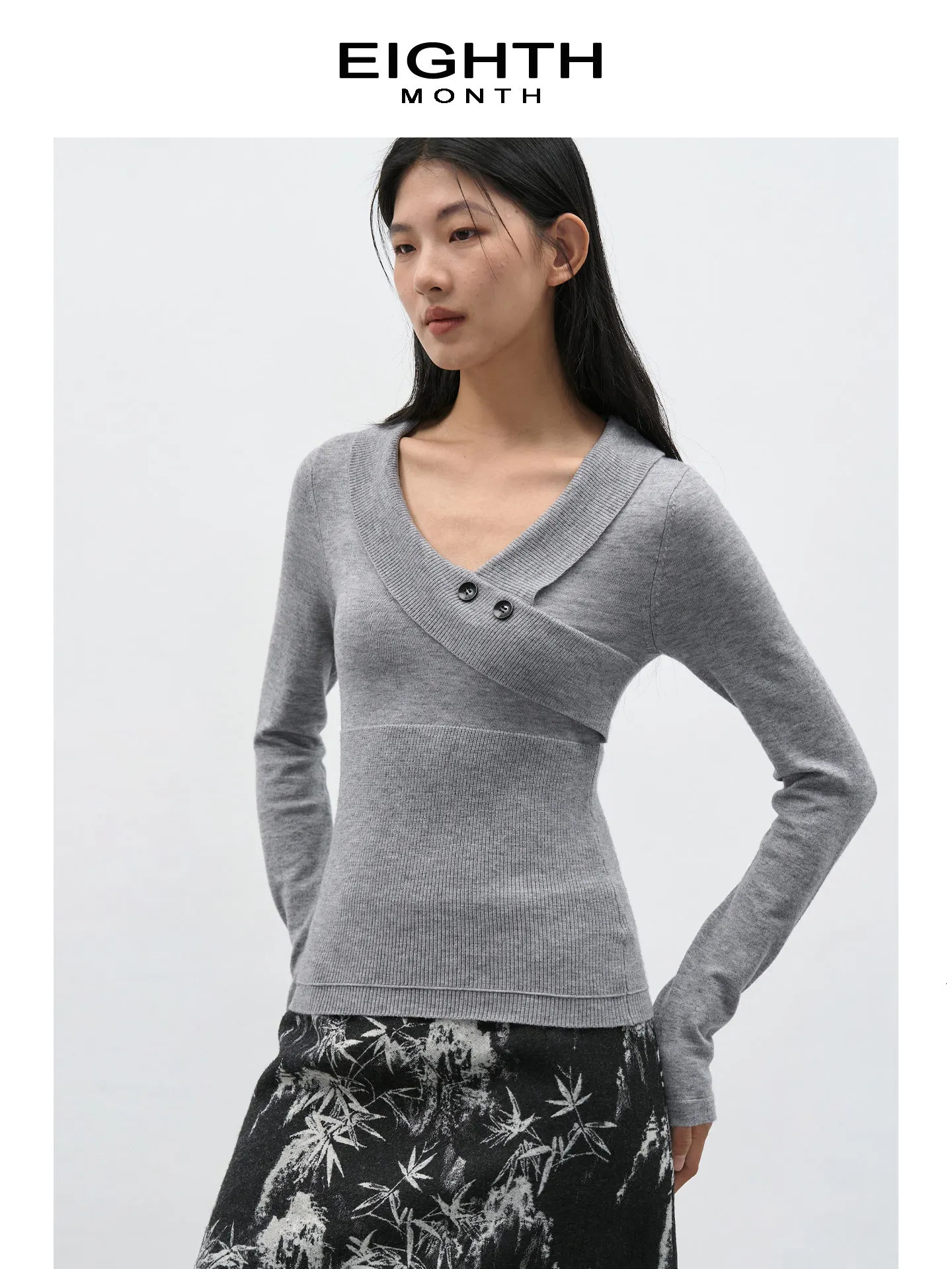 Women Grey Gothic Emo V-Neck T-shirt Y2k Gyaru Tee Top 2000s Aesthetic Vintage Long Sleeve Knit T-shirts Clothes Spring Autumn 260921