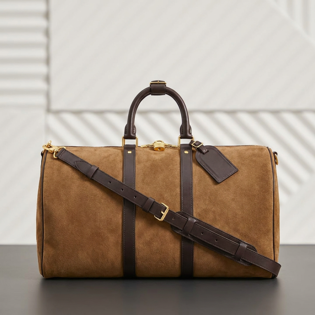 Duffel bag designer travel holdall with gold tone hardware adjustable strap Top Handle Monogram embossed Brown suede style Daily Commute Weekender