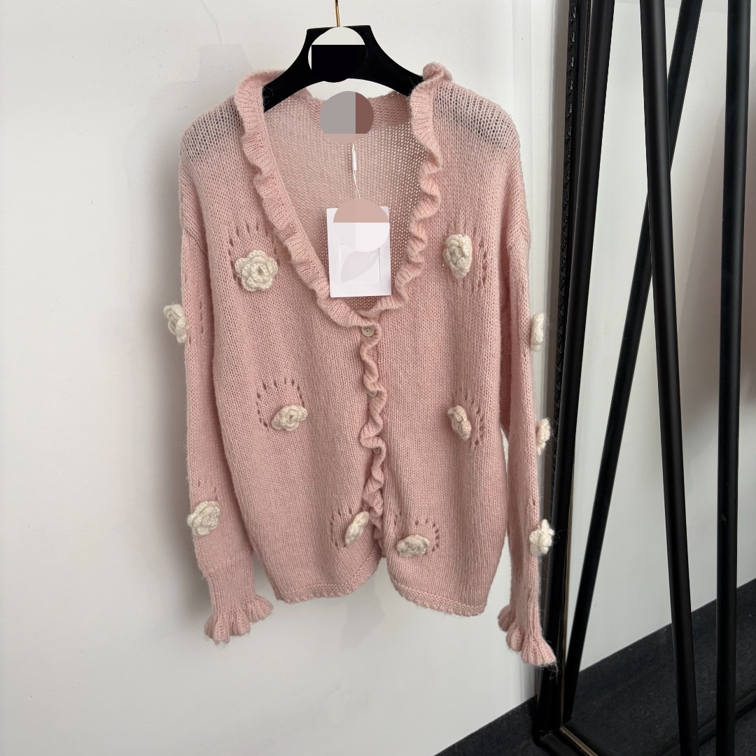 20267744 2026 new style - Three-dimensional hook-patterned lotus leaf V-neck open-front long-sleeved knitted cardigan, white, pink