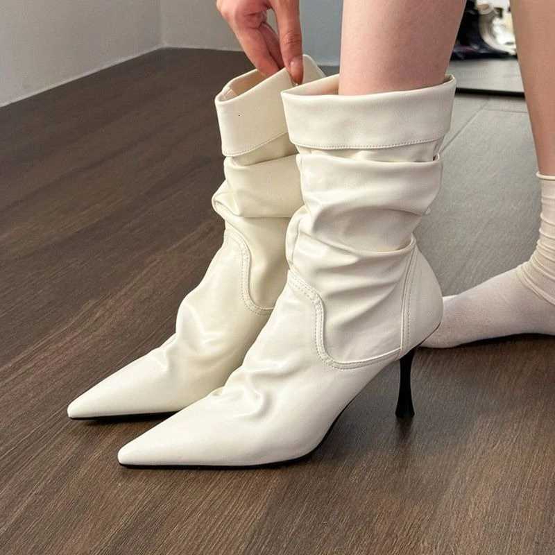Designer Women 2026 Autumn Boots Winter New Pointed Toe Stiletto Heel Short Boots Ruched Slouchy Design Elegant Slimming Party Shoes J260922