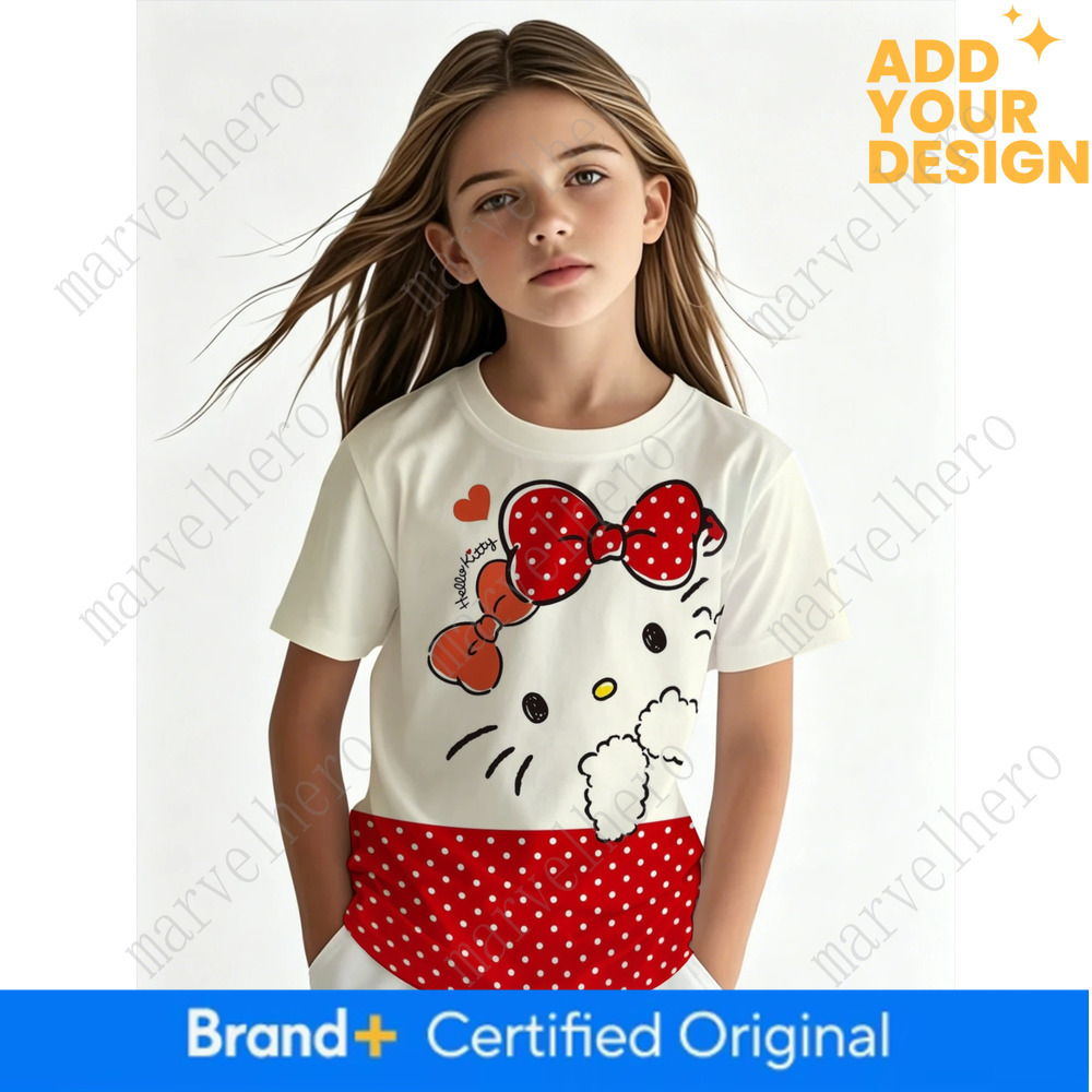 Sanrio Girls Crewneck T-shirt With Easy Cute Red Polka Dot Bow Hello Kitty Print Summer Casual Top Daily Outdoor Wear Ideal Gift For Kids