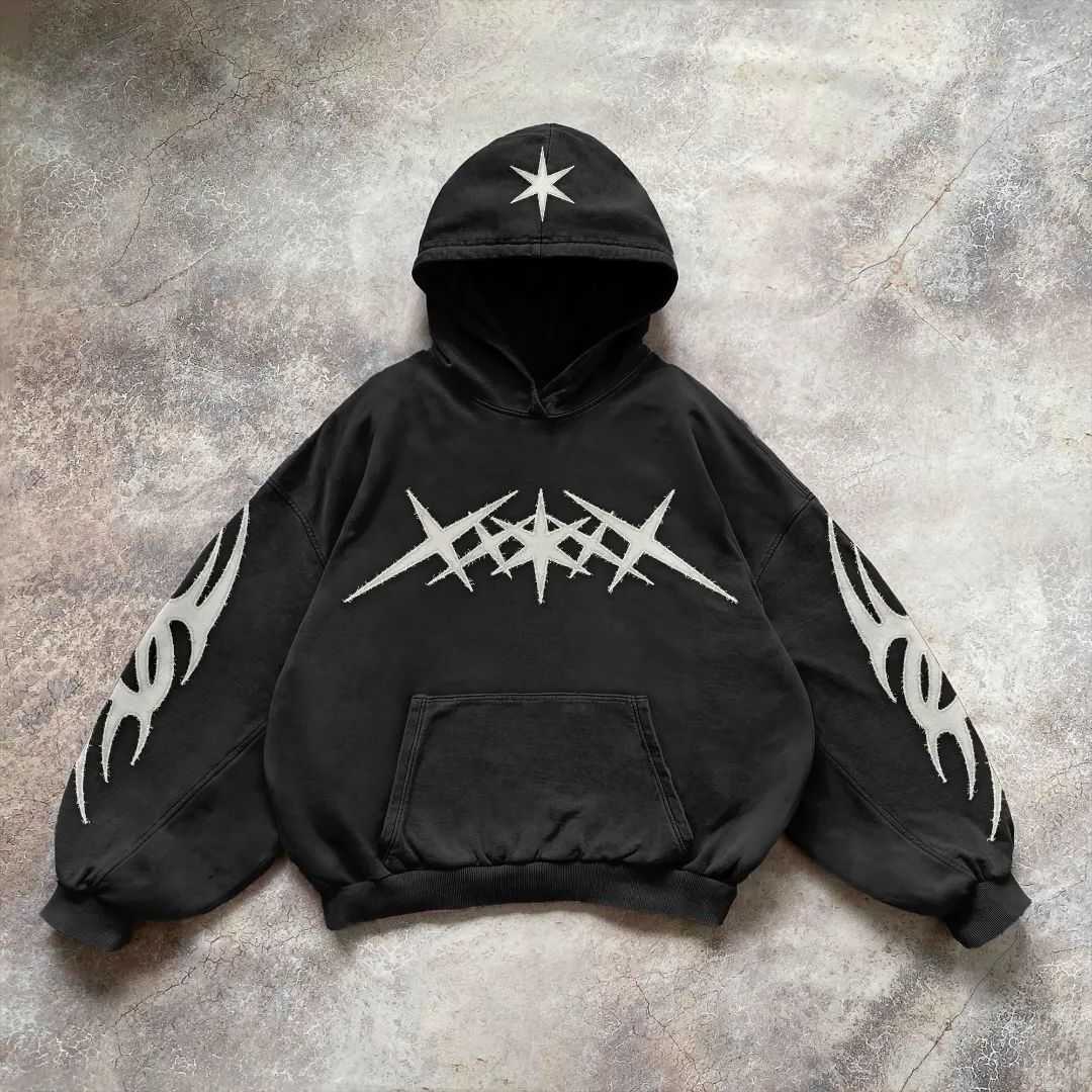 Women's Hoodies Sweatshirts Y2k Retro Black Star Patchwork Hoodie Fashion Loose Oversized Embroidered Hooded Sweatshirt Gothic Streetwear Men C