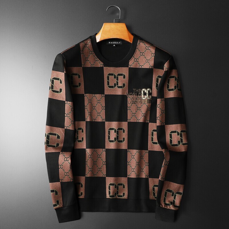 New High-End Casual Printed And Embroidered Men's Long-Sleeve Sweatshirt Black Khaki
