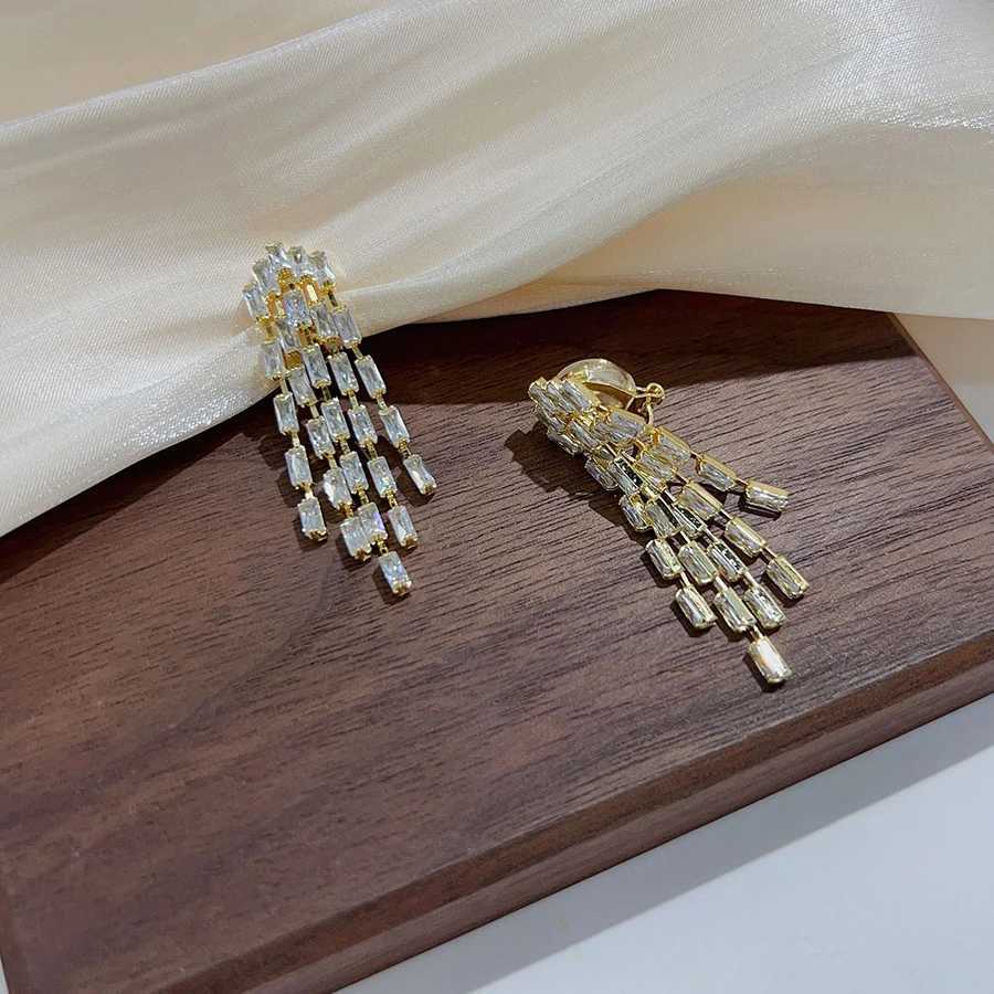 Luxury Sparking Rectangular Crystal Zircon Long Tassel Clip on Earrings for Women Bridal Wedding Without Piercing Jewelry M260923