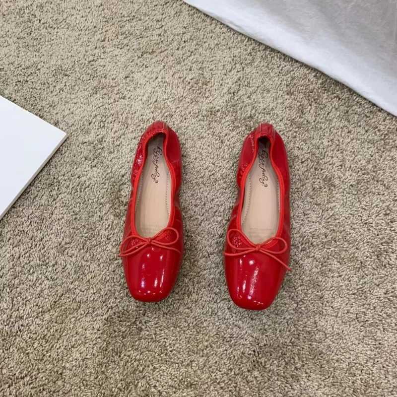 Shoes Zapatos Mujer tra-soft Dress Wen Shoes Spring Bow Red Flat Sole Single Shoes Leisure Cfortable Leather Shoe New Ballet Shoe J260922