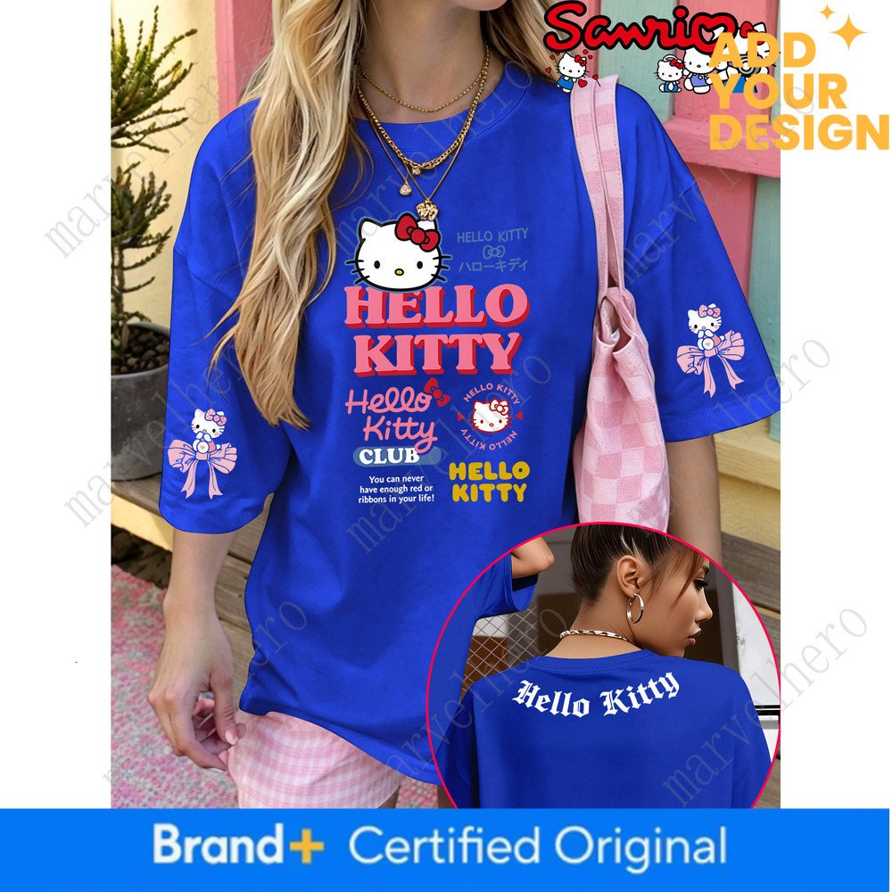 Officially Licensed American Retro Multi Logo Hello Kitty Collection Printed Summer Women S T Shirt Flesh Covering Crew Neck Short Sleeve Plus Size