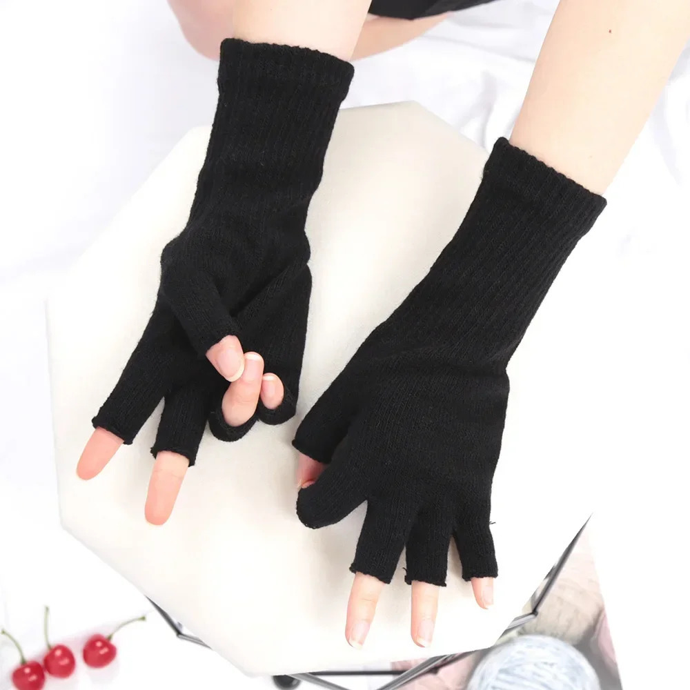 Unisex Knitted Half Finger Gloves Long Wrist Fingerless Gloves for Women Men Winter Black Warm Workout Cycling Gloves 260923