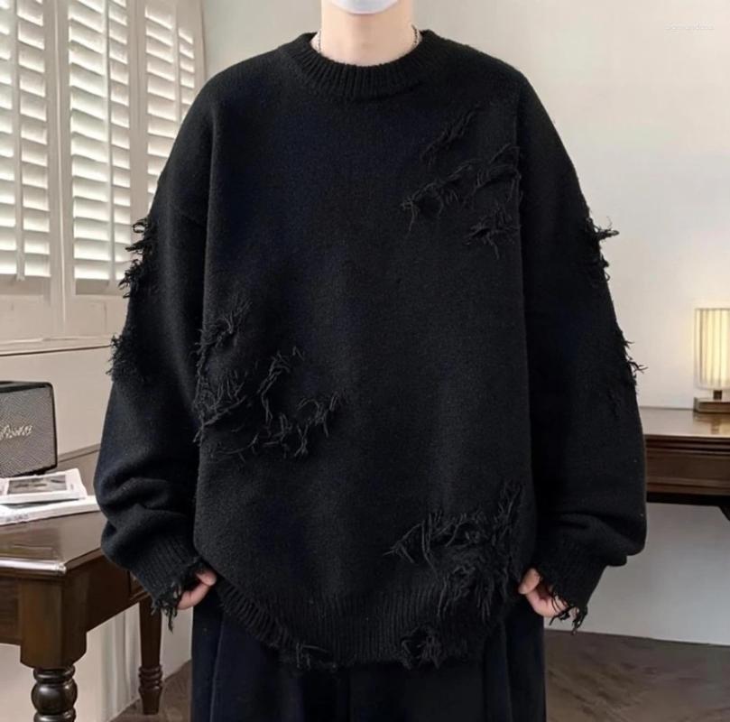 Harajuku Y2k Streetwear Sweater Men Retro Hole Fringed Loose Versatile Knitwear Pullovers Long Sleeve Jumpers Clothing