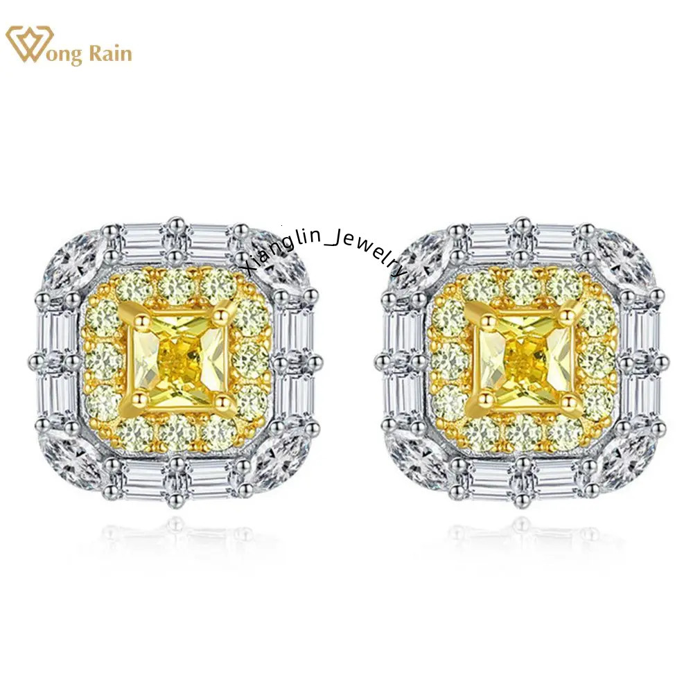 Wong Rain Chic 100% 925 Sterling Silver Citrine High Carbon Diamonds Gemstone Earrings Ear Stud Wedding Fine Jewelry Wholesale
