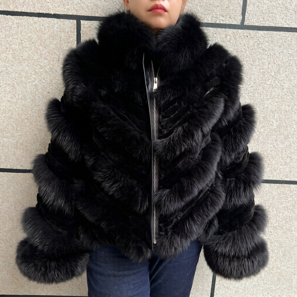 High quality New Burgundy Women's Fur Coat Fur Mixed Diagonal Stripe Stand Collar Style Winter Natural Fur Coat