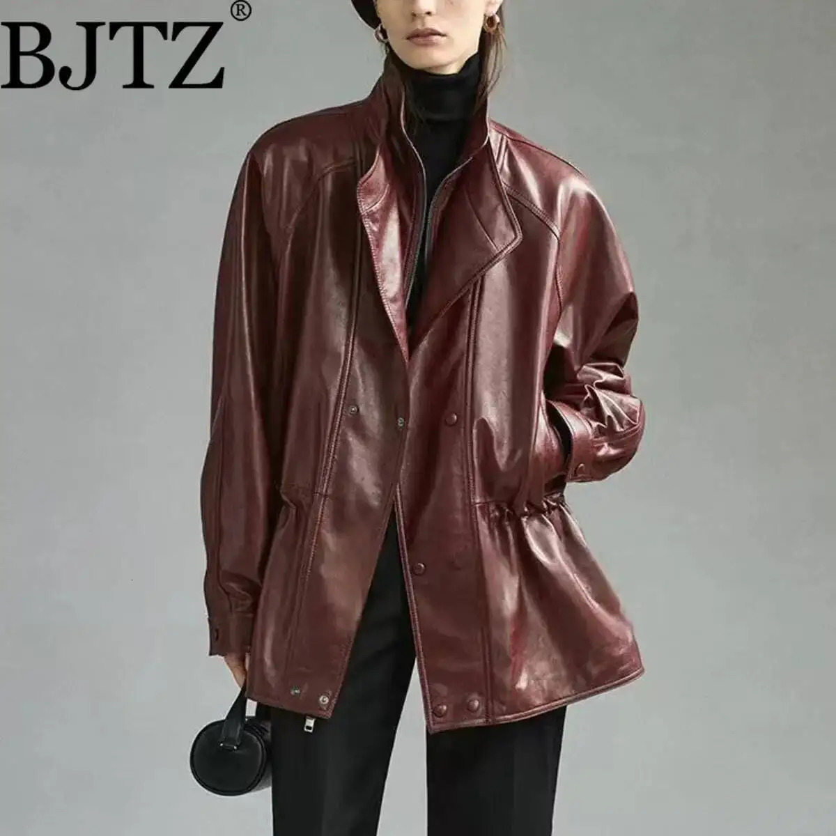BJTZ Elastic Waist Cinching PU Leather Short Jacket For Woman Spring Autumn Fashion Zipper Versatile Female Outwear 260923