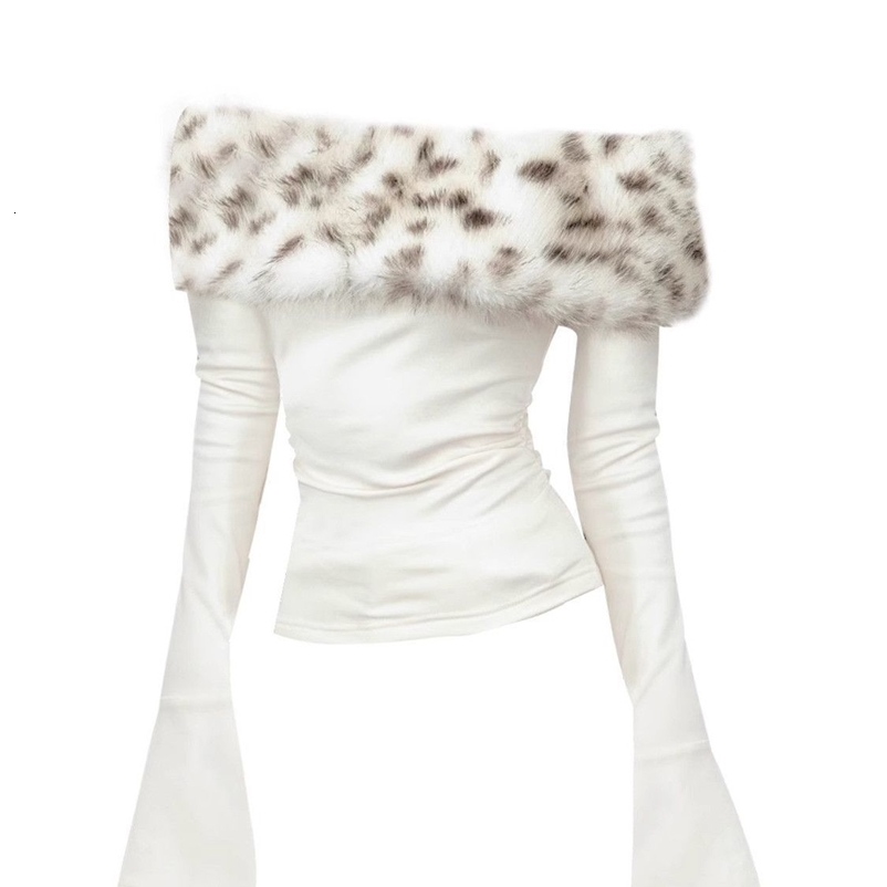 y Fur Graphic Long Sleeve T Shirt Y2k Women Autumn Winter Off Shoulder Tops 2000s Vintage Basic Blouse Tees White Shirt 260921