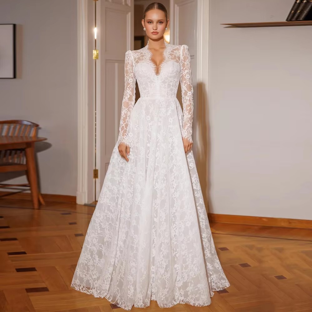 Classic Lace Wedding Dress 2027 Long Sleeves V Neck Sweep Train Bride Party Gown Bride Dresses Vestido De Noiva