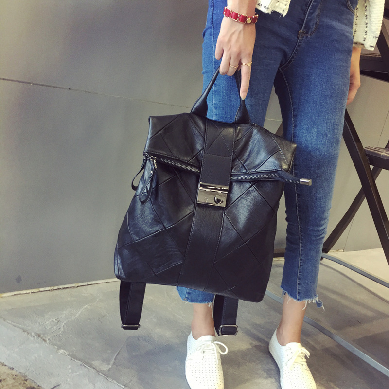 Fashion Women Black Geometric Stitched Backpack Soft Faux Leather Metal Lock Top Handle Large Capacity Travel Daypack