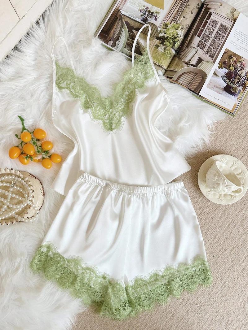 Ladies Elegant Milky White Satin Green Eyelash Lace Cami & Shorts Set V-Neck Fresh Home Pajamas