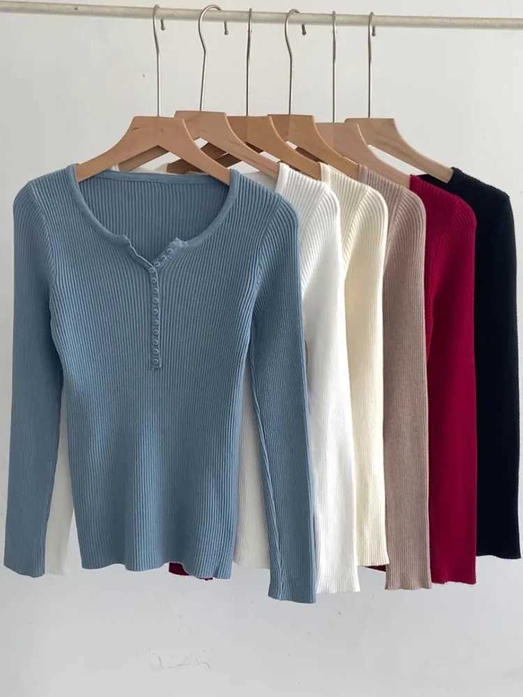 Women's Sweaters 2026 Autumn Winter Button V Neck Sweater Women Basic Slim Pullover Women Sweaters And Pullovers Knit Jumper Soft Warm Tops H26