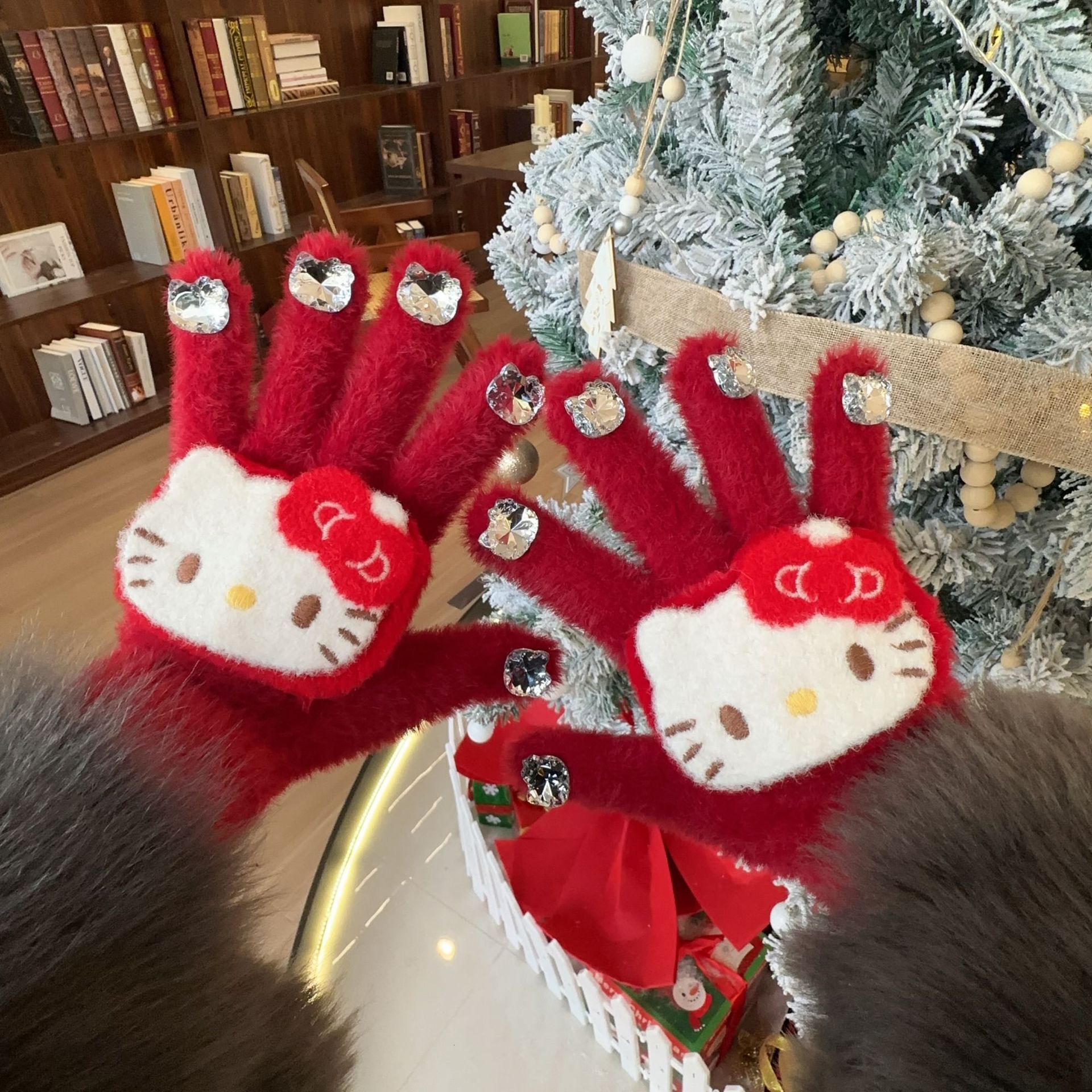 New Year Christmas Red Warm Winter Cute KT Cat Student Cycling Thickened Nail Art Finger Gloves for Women