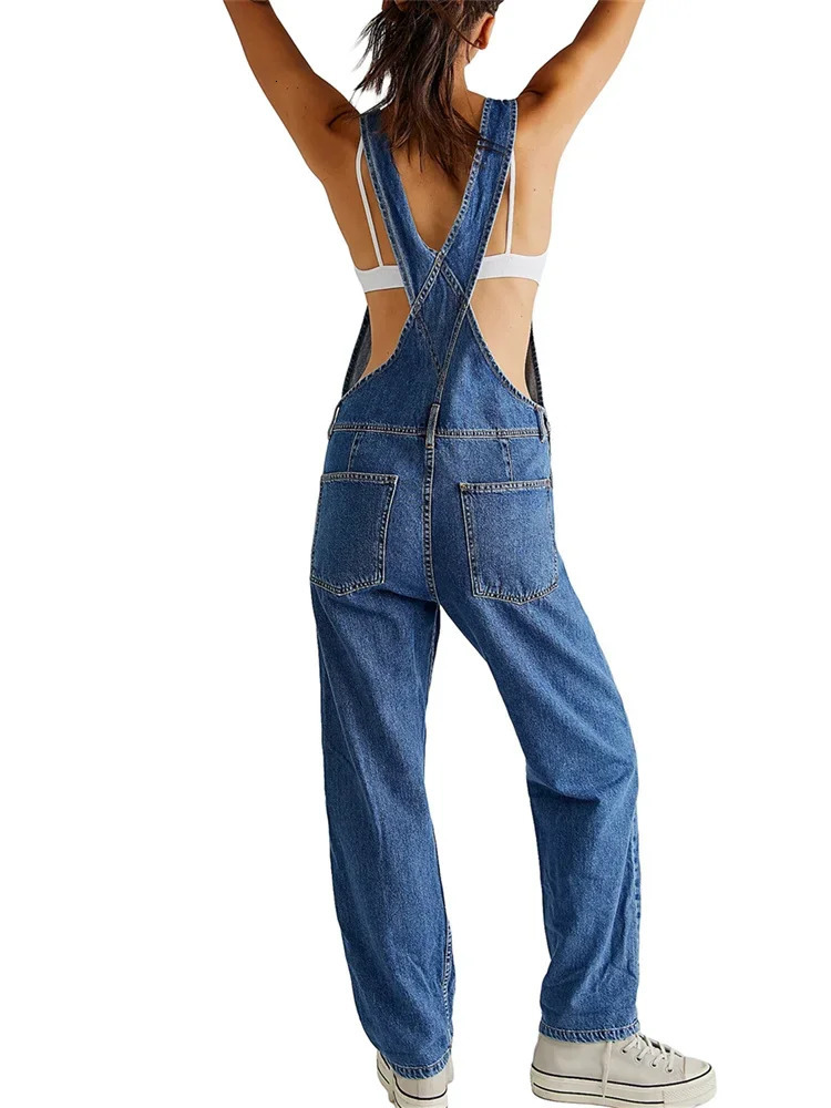 Tute lunghe di jeans da donna Pantaloni larghi con bretelle a gamba larga Pagliaccetto Salopette larga estiva 260922