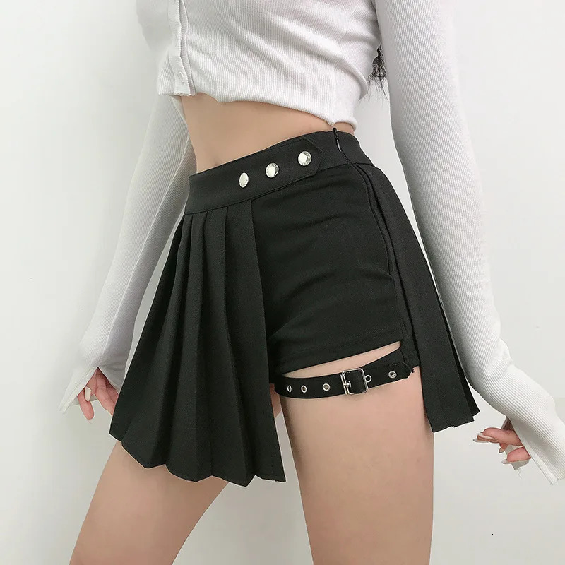 Pleated Girls Gothic Half Skirts Summer Harajuku Punk Style Plaid Irregular Women Asymmetrical High Waist Black w260923
