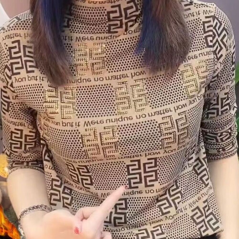 Letter Dot Printing Flocking Half Height Collar Gold Diamond Inlay Women T-Shirts Long Sleeve Plush Korean Fashion Slim Oversize
