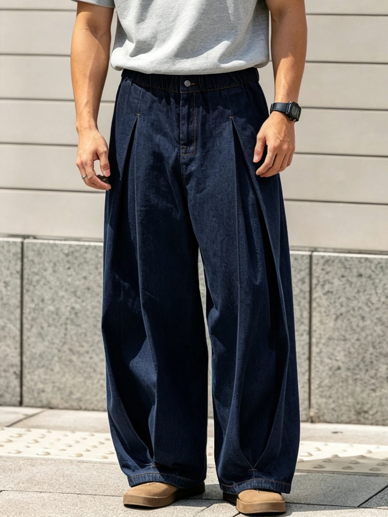 Men 2026 Neapolitan High Waist Double Pleat Straight Leg Suit Pants Stretch Elastic Denim Daily Street Casual Trousers 260922