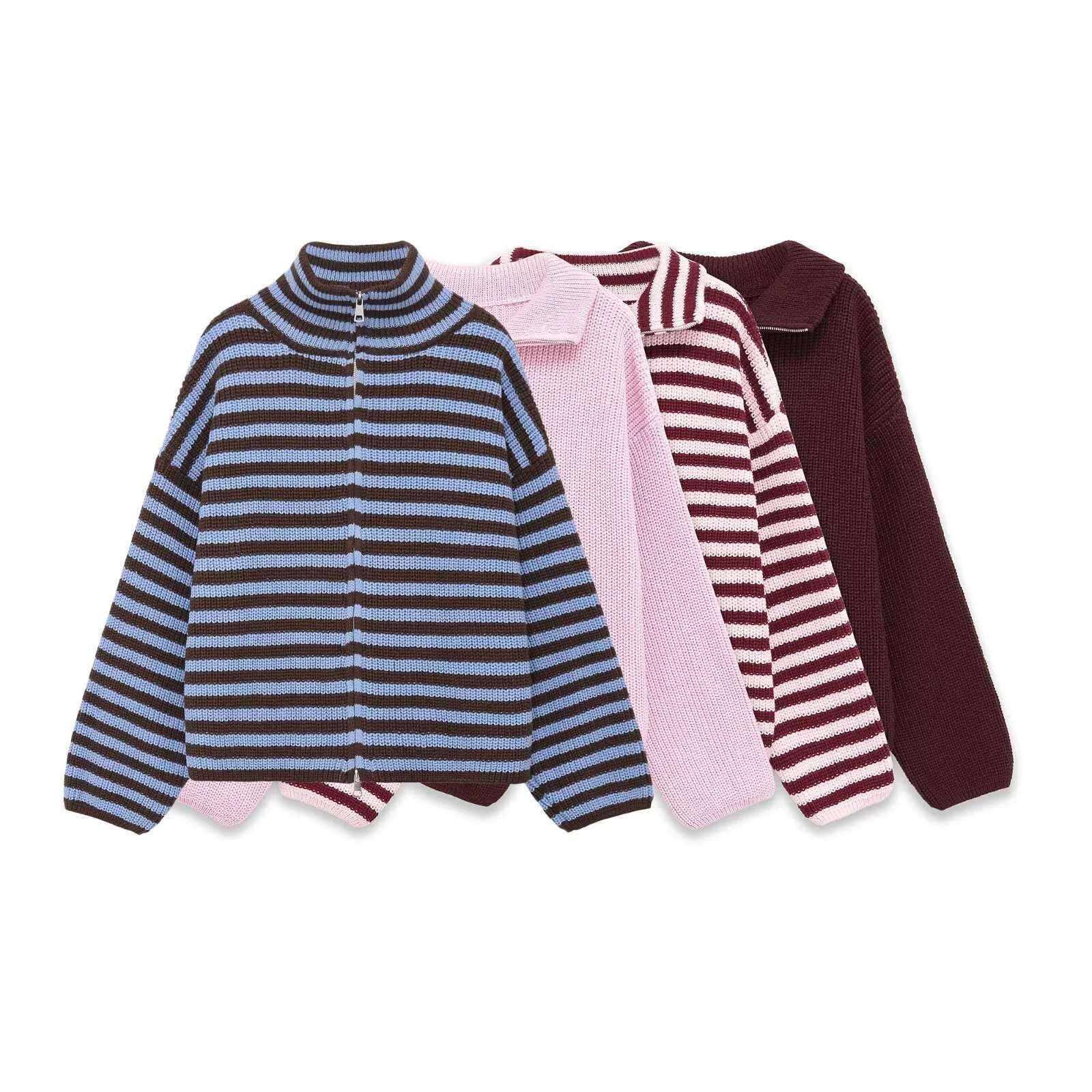 Women's Sweaters Spring New Arrivals Women's Loose and Lazy Style Sweater Cardigan Flared Lapel Long sleeve Double Chain Stripe Knit Coat