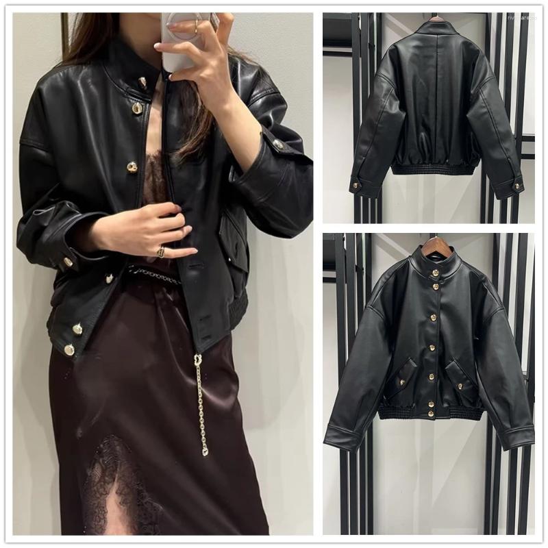 Fashion Women's Faux Leather Stand Collar Coat Long Sleeve Lady Single-Breasted Black PU Jacket And Top For Autumn Winter