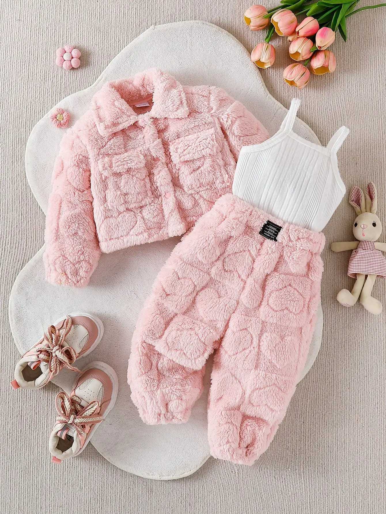 Rompers Three piece set of baby girl casual pink plush long sleeved jacket plush long sweatpants and pit top as a versatile base for w X260922