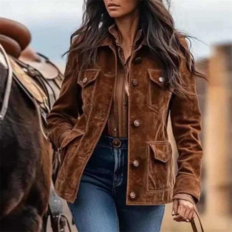 Suede Jacket for Women's Western Style Short Coat Turn Down Collar Metal Button Pockets American Retro Trench Coat Outerwear 260921