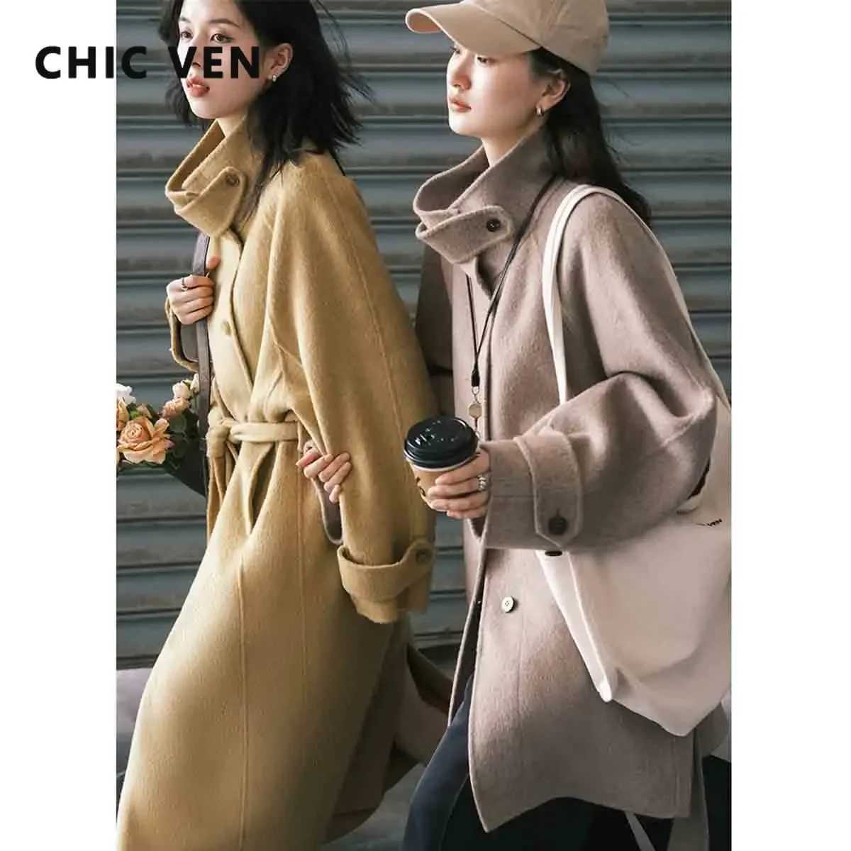 CHIC VEN Women Woolen Coat Retro Stand Collar Solid Loose Belt Overcoat Fashion Korean Female Clothing Autumn Winter New 2024 M260922