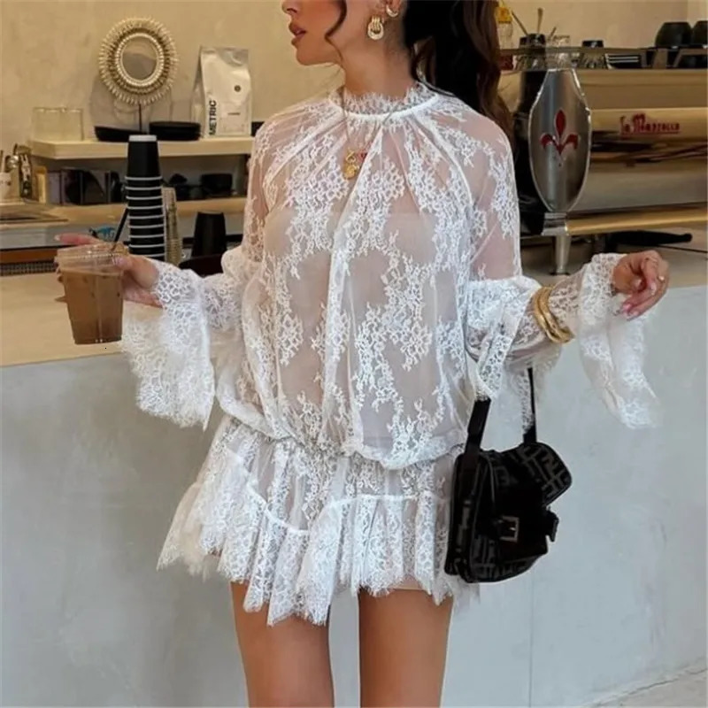 hirigin Women Lace Sheer Dress Sexy See Through Mesh Long Sleeve High Neck Floral Cover Up Cocktail Party Mini Dresses 260922