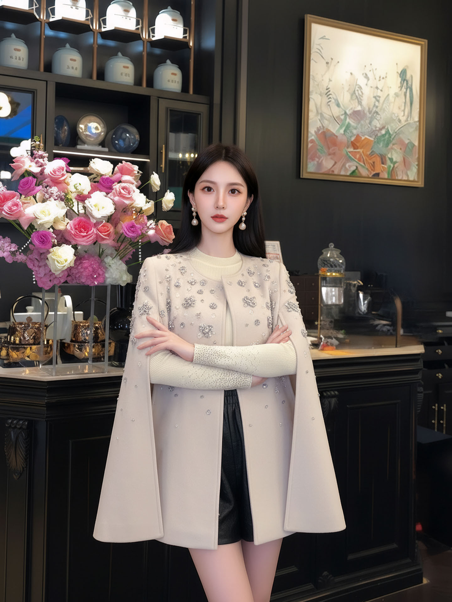Women's coat new Chinese style cape shawl high-end, fragrant style, heavy pearl cape, 2026 autumn and winter new series, elegant loose top