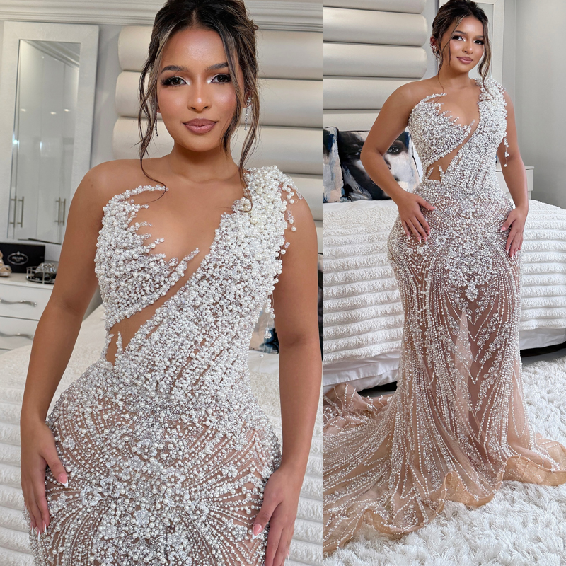 Plus Size Off White Mermaid Prom Dress 2026 Evening Dresses Formal Gowns Illusion Sheer Neck Pleated Beaded Lace Crystals Birthday Second Reception