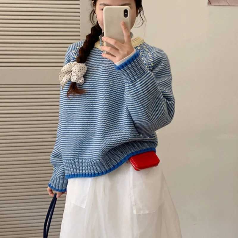 Women's Sweaters retro Contrasting Striped Sweater for Women in Autumn and Winter 2025 New Korean Versatile Top D260923