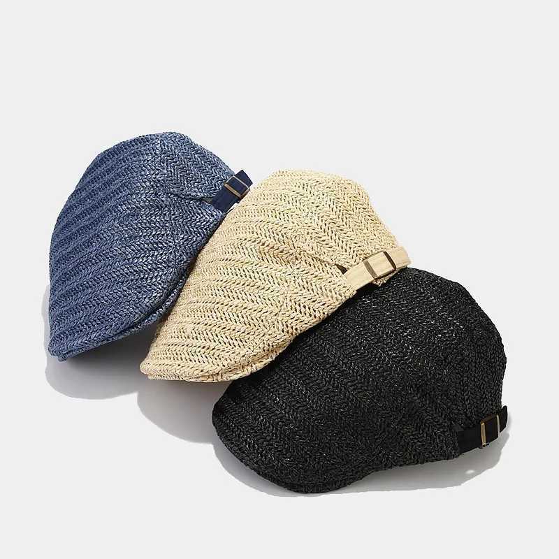 Japanese Literary and Artistic Straw Beret Women's Solid Color Sunscreen Short Brim Cap Men's Summer Beach Vacation Forward Hat Z260922