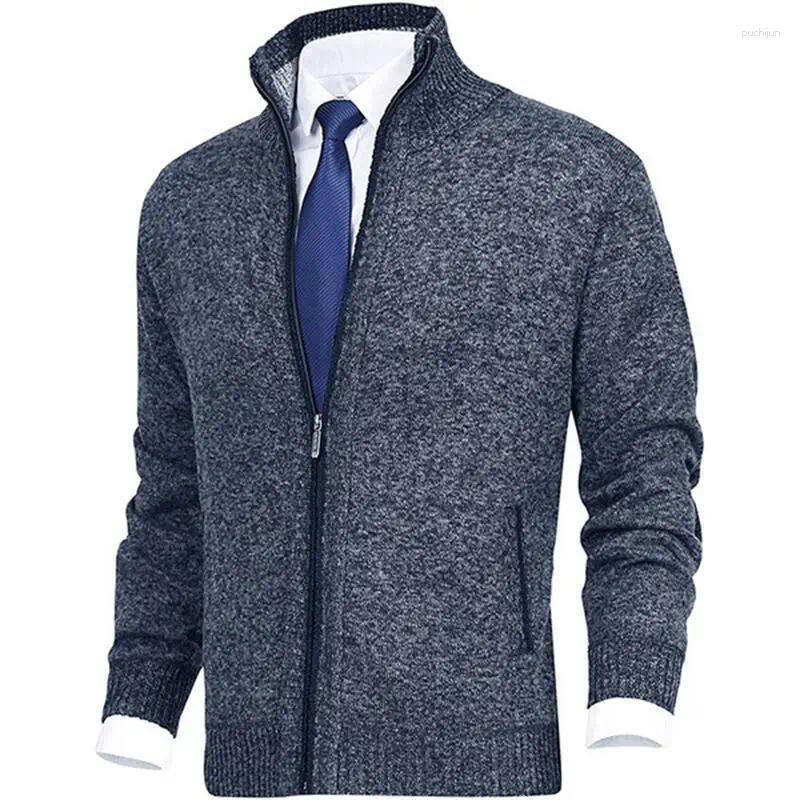 Men's Zipper Cardigan Casual Business Old Money Slim Fit Solid Color Knitwear Thin Fleece Warm Clothing Autumn Sweater