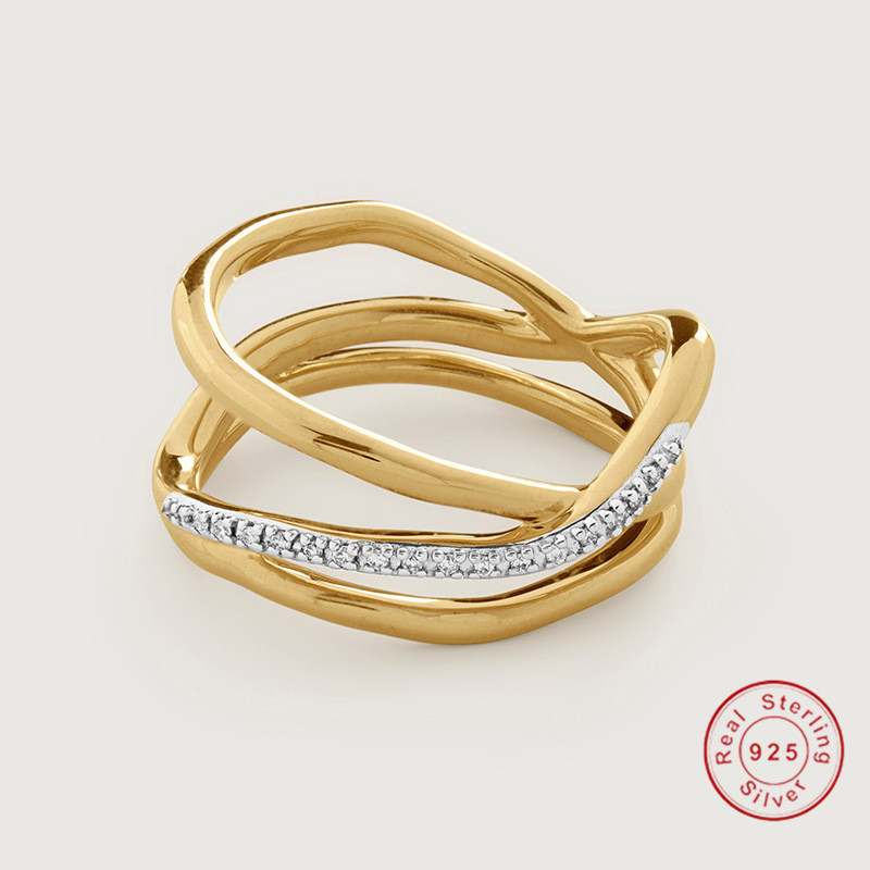 Solid 100% 925 Sterling Silver Triple Wave Crossover Ring Gold Fill Pave White Sapphire Intertwined Stacked Statement Rings for Women Fashion Party
